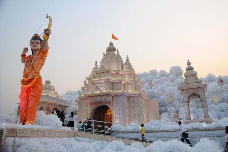 A Durga Puja pandal themed ‘Ram Ki Ayodhya’, organised for the first time by Salt Lake Sanskritik Sansad, during Durga Puja celebrations in Kolkata on Friday, October 16, 2026. (Photo: IANS/Kuntal Chakrabarty)